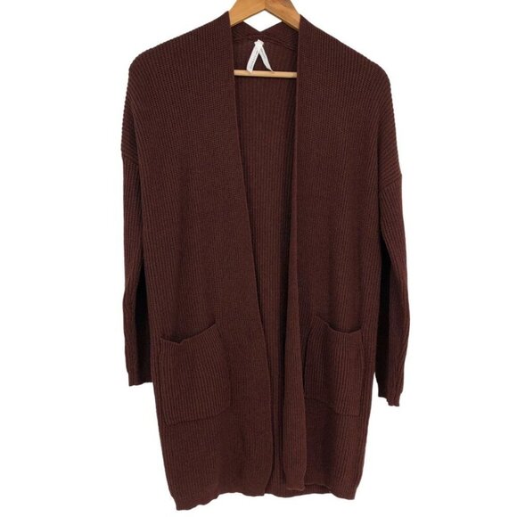 Dreamers by Debut Ribbed Knit Open Cardigan Pockets Brick / Rust Red / Orange XS - Picture 2 of 13